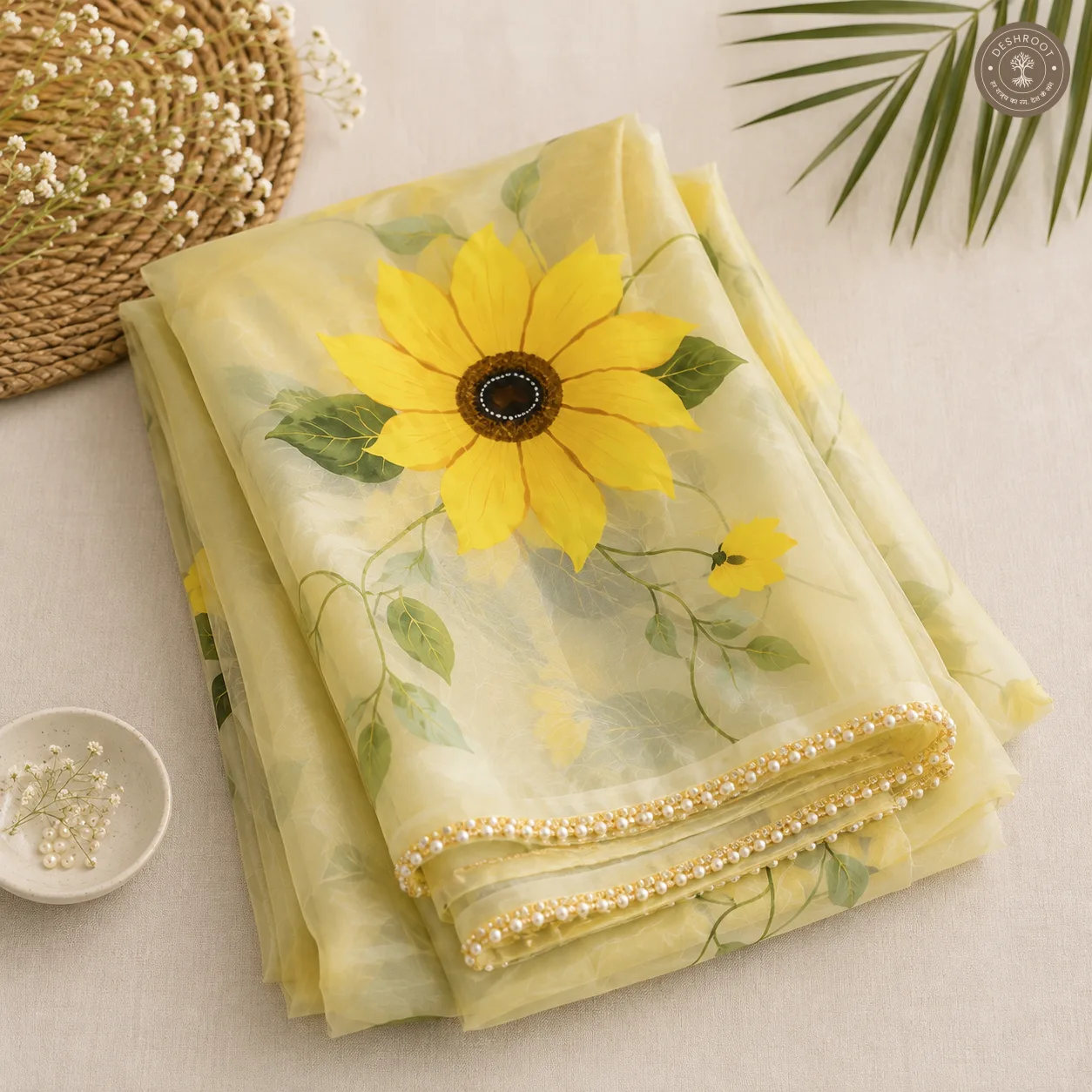 Pastel Yellow Sheer Saree with Handcrafted Sunflower Floral Print