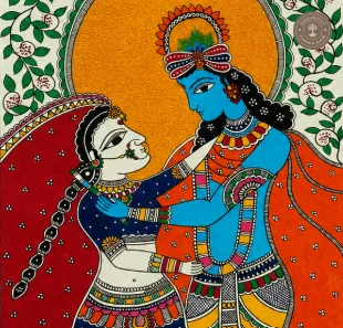Handmade Radha Krishna Madhubani Painting on Canvas Paper