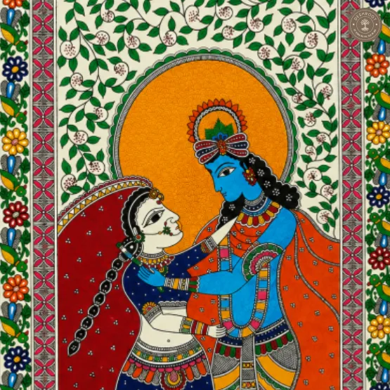 Handmade Radha Krishna Madhubani Painting on Canvas Paper