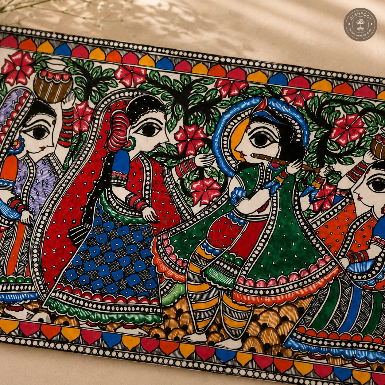 Handmade Krishna with Gopis Madhubani Painting