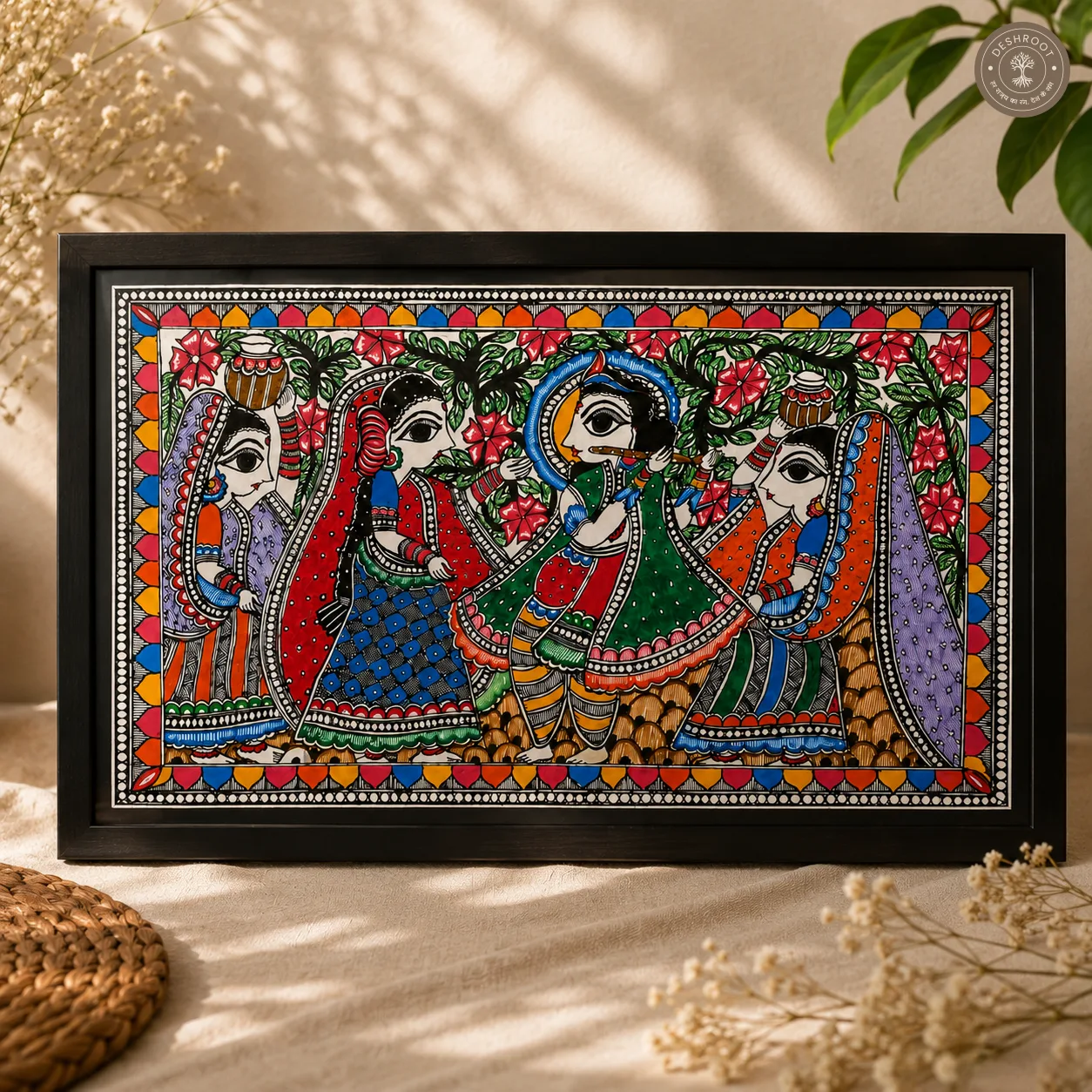 Handmade Krishna with Gopis Madhubani Painting