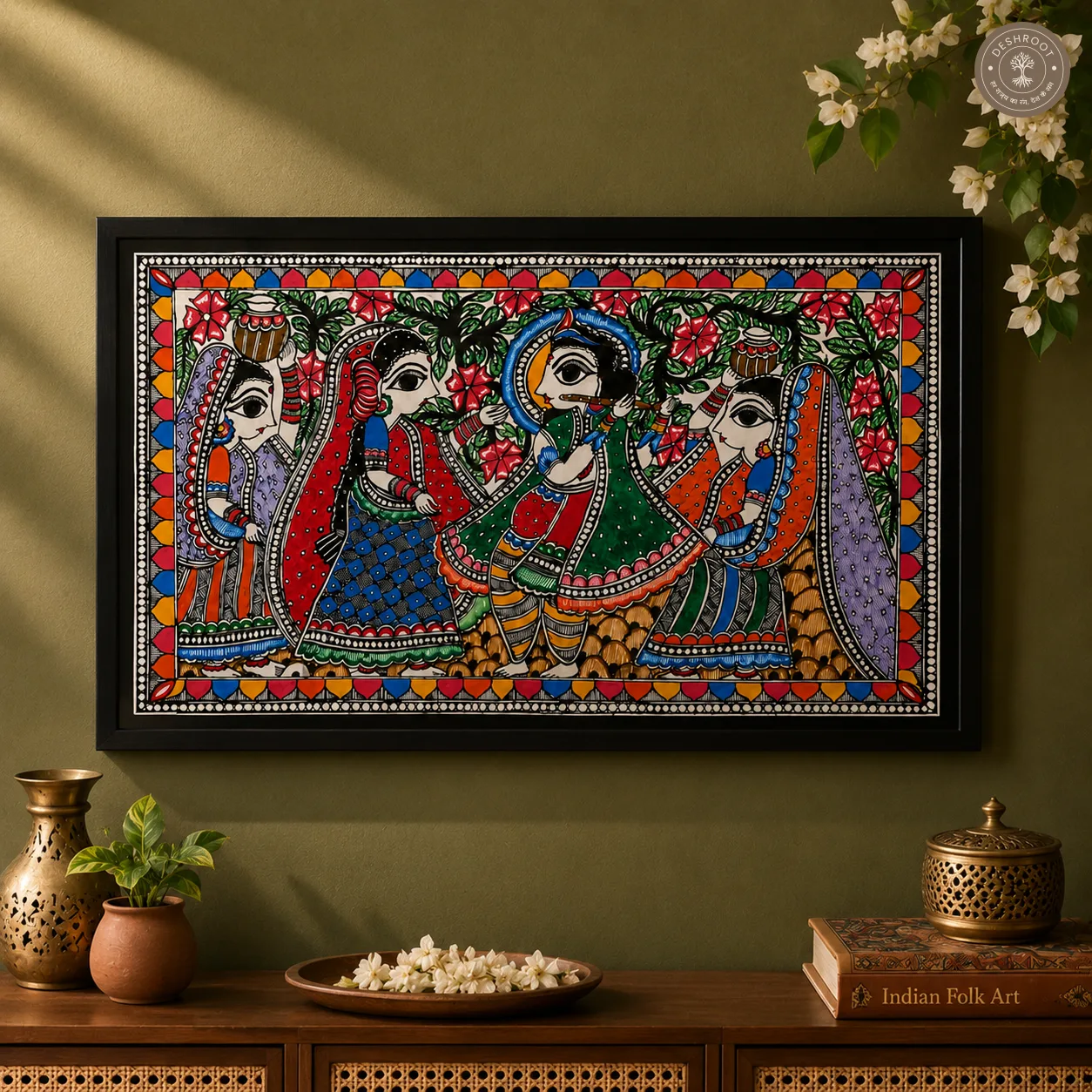 Handmade Krishna with Gopis Madhubani Painting