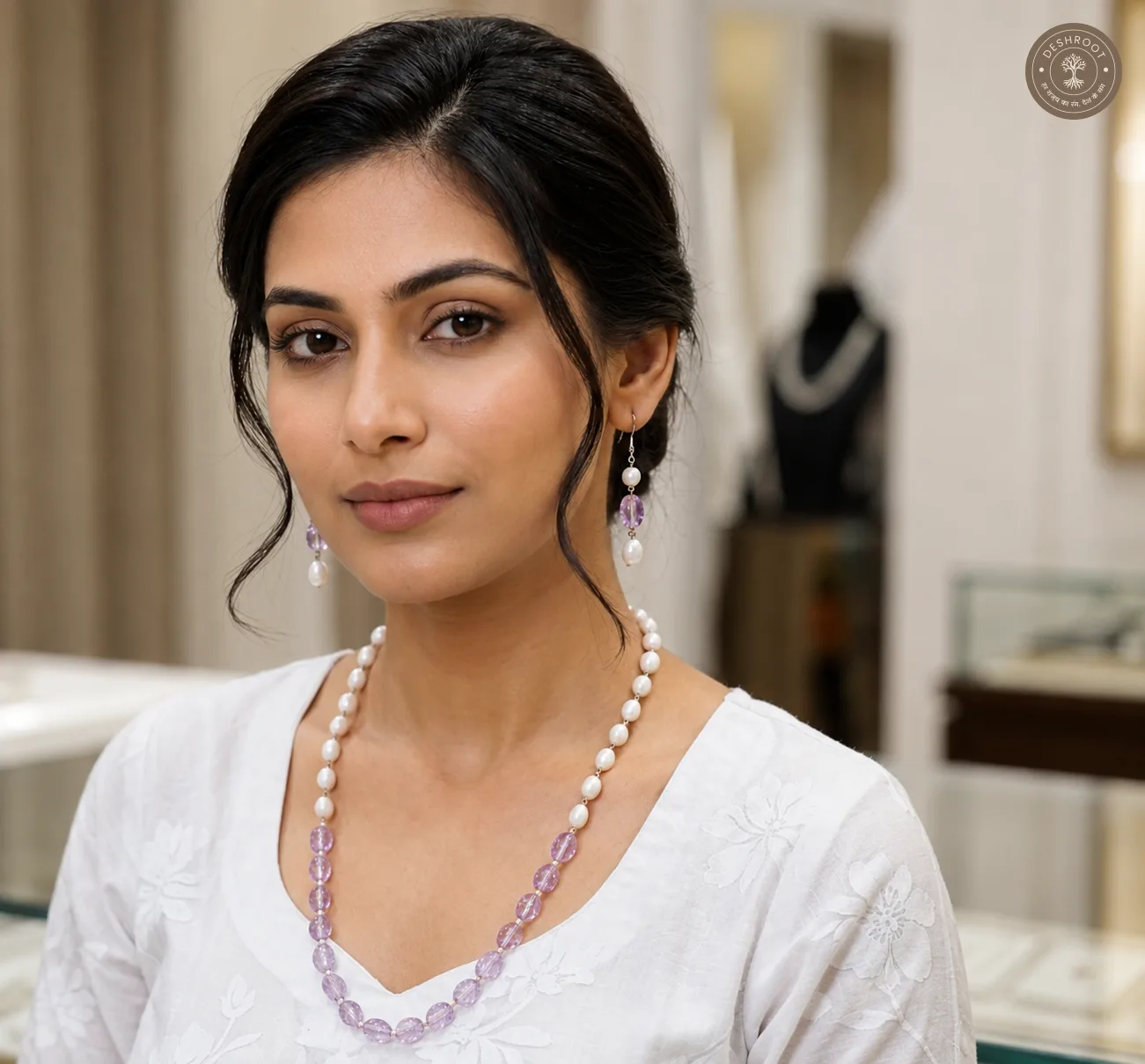 Pearl Beaded Long Necklace Set with Matching Earrings