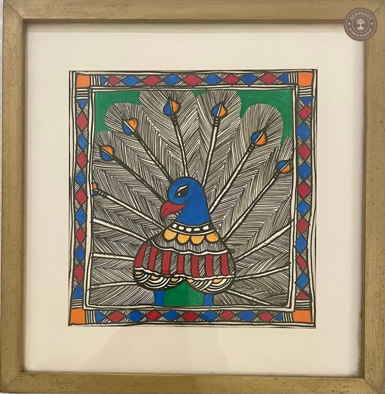 Traditional Madhubani Peacock Folk Art Painting