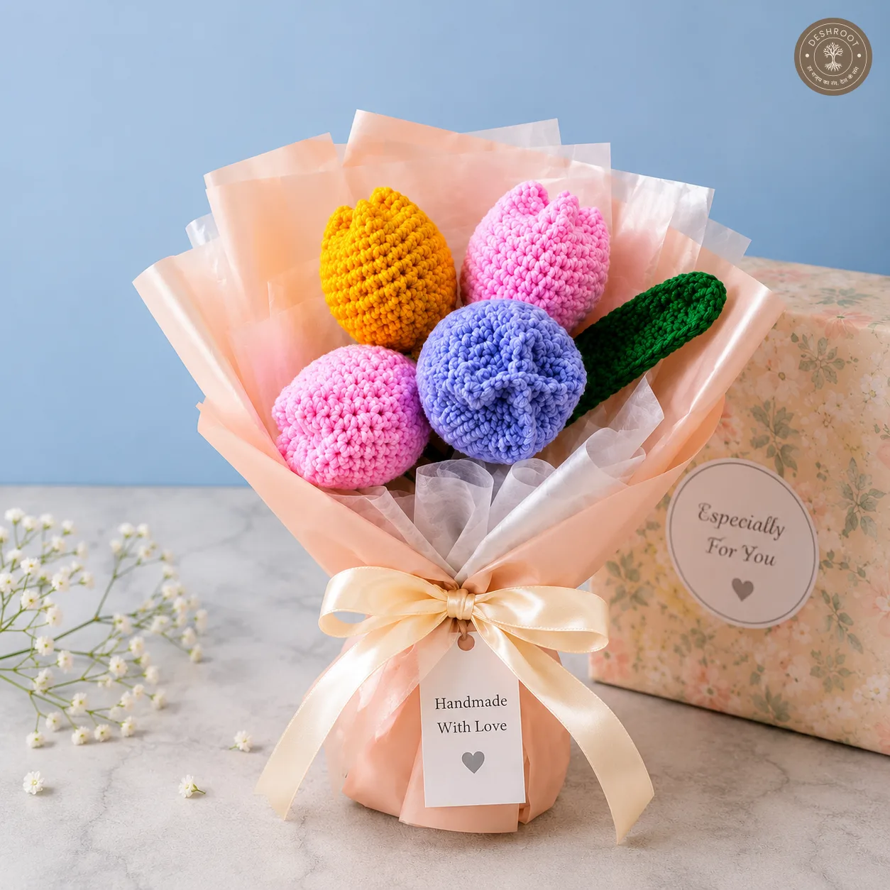 Handmade Crochet Tulip Flower Bouquet Gift Box – Knitted Tulip Bouquet for Special Occasions