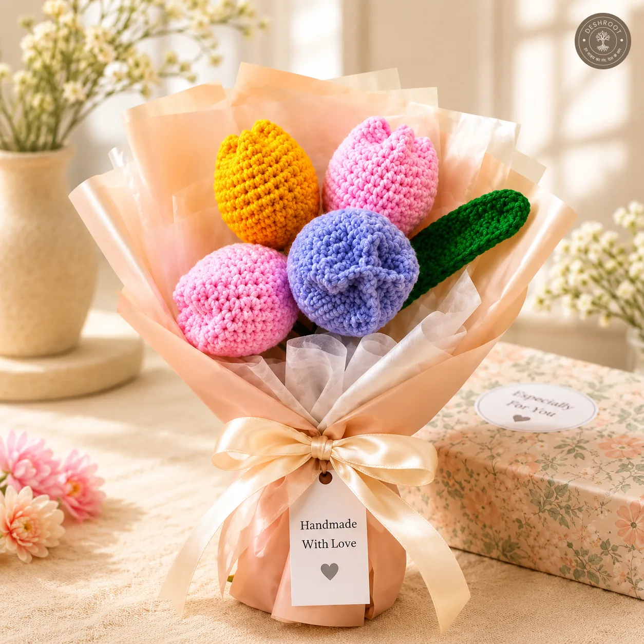 Handmade Crochet Tulip Flower Bouquet Gift Box – Knitted Tulip Bouquet for Special Occasions