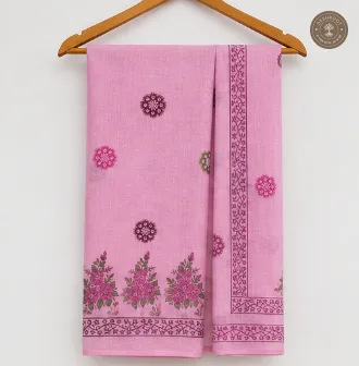 Elegant Pink Floral Border Printed 2-Piece Dress Material Set.