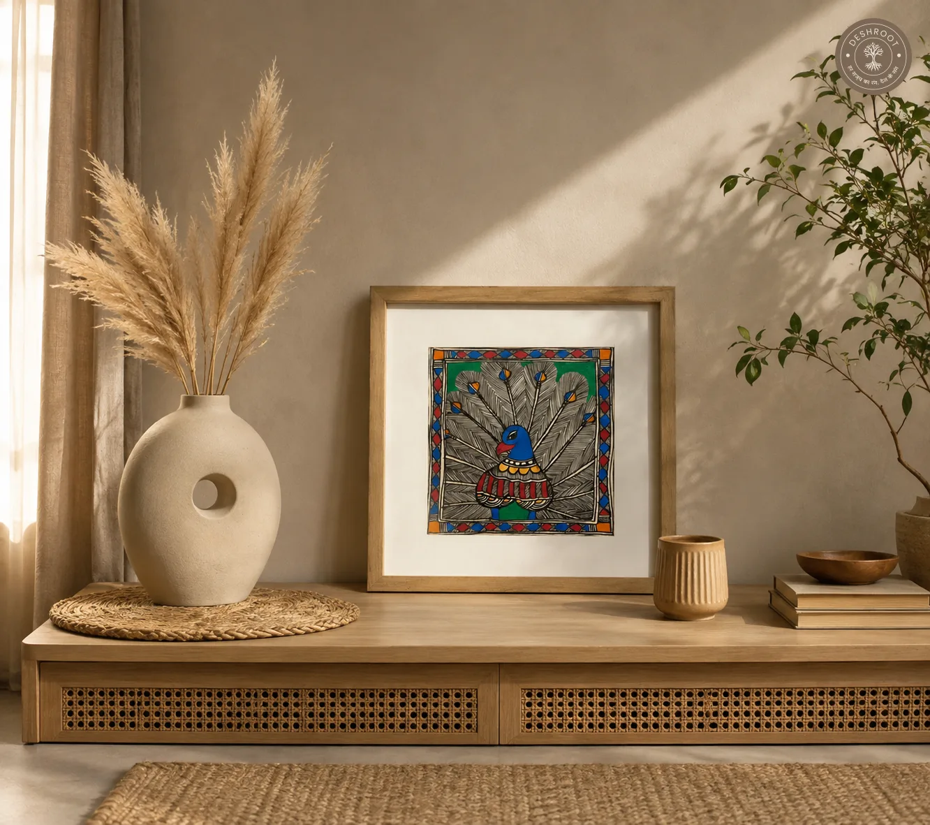 Traditional Madhubani Peacock Folk Art Painting