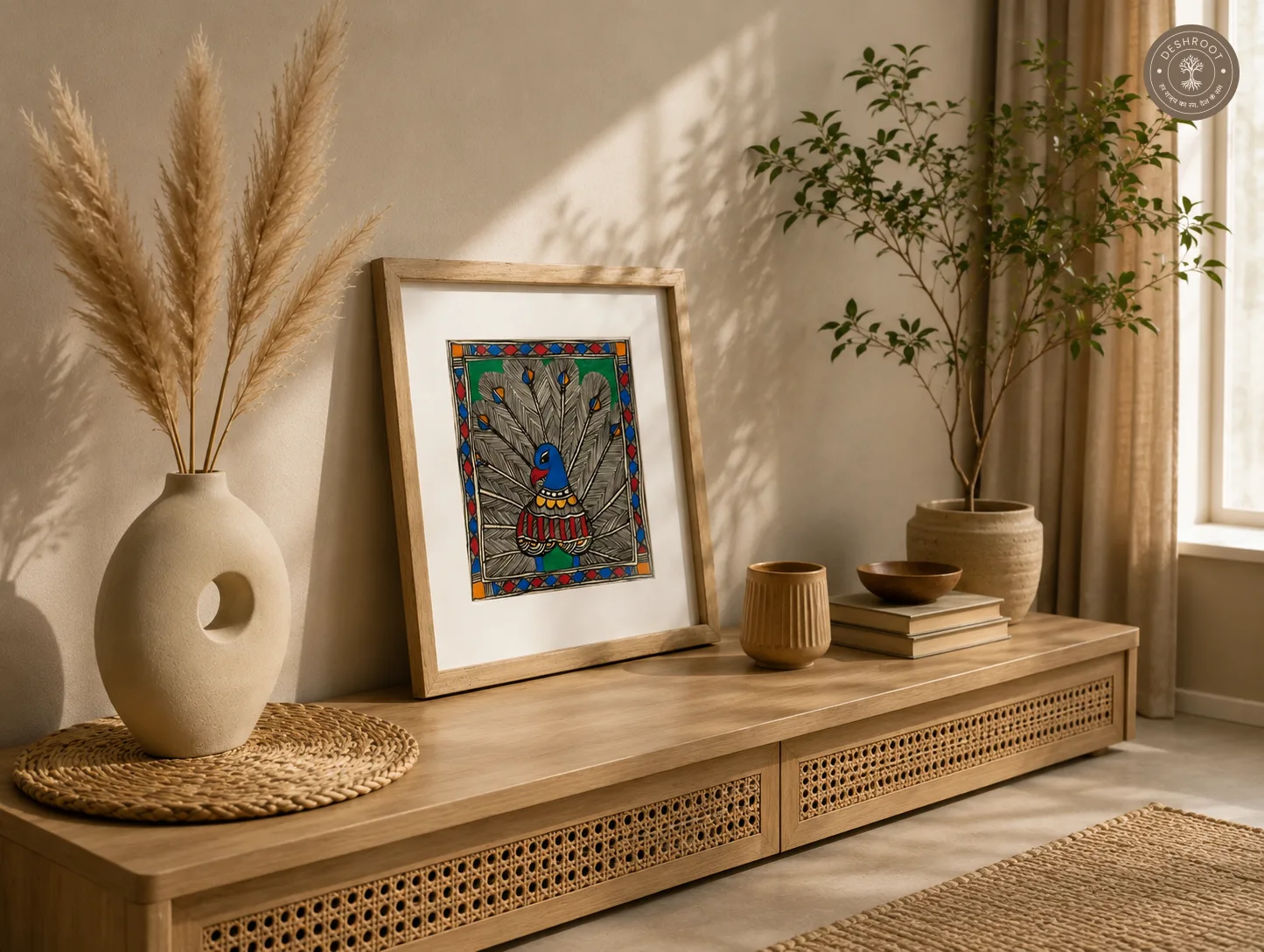 Traditional Madhubani Peacock Folk Art Painting