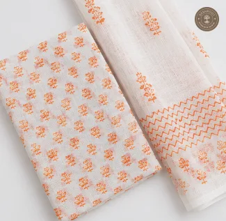 White & Rust Orange Floral Printed 2-Piece Dress Material Set