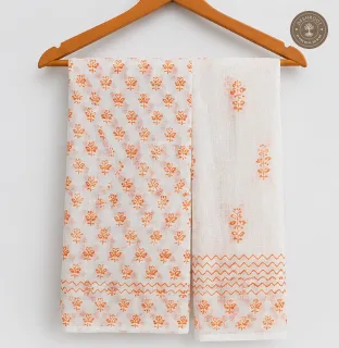White & Rust Orange Floral Printed 2-Piece Dress Material Set