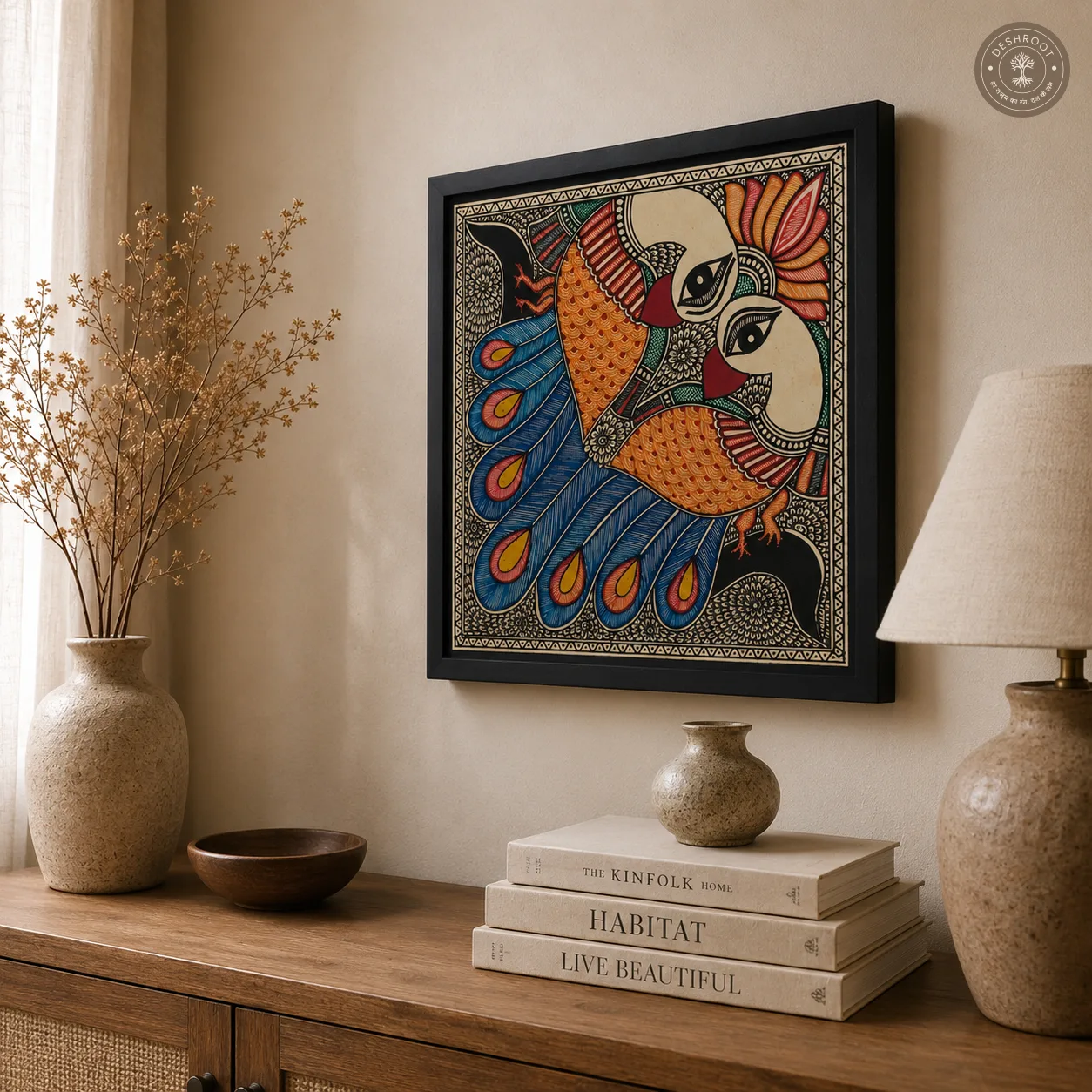 Madhubani Mayur Milan Folk Painting