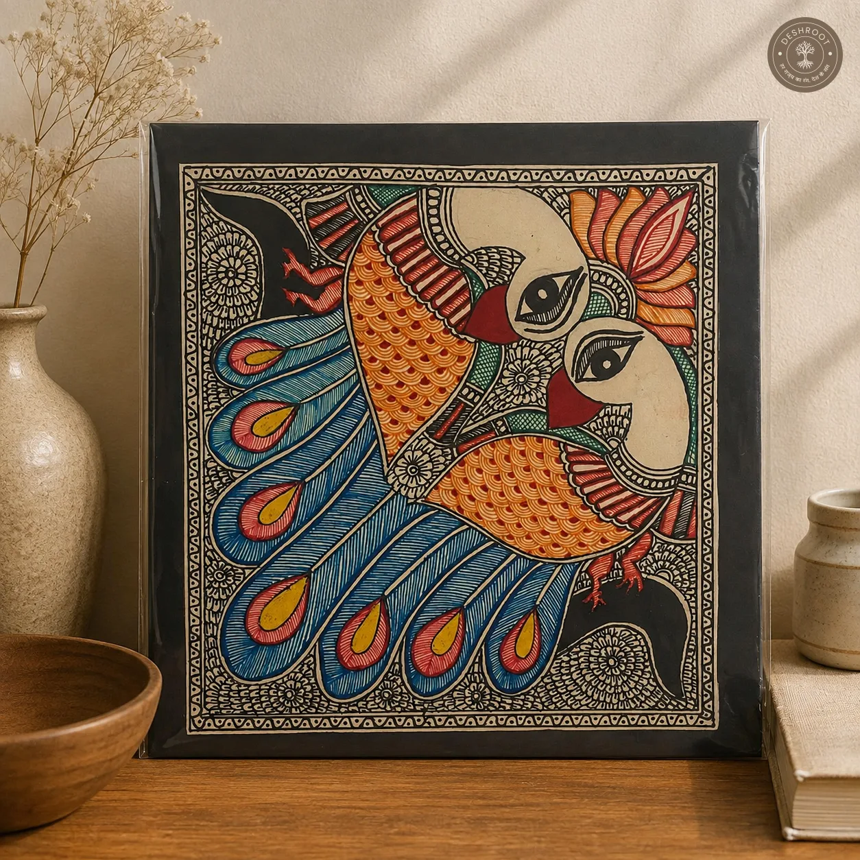 Madhubani Mayur Milan Folk Painting