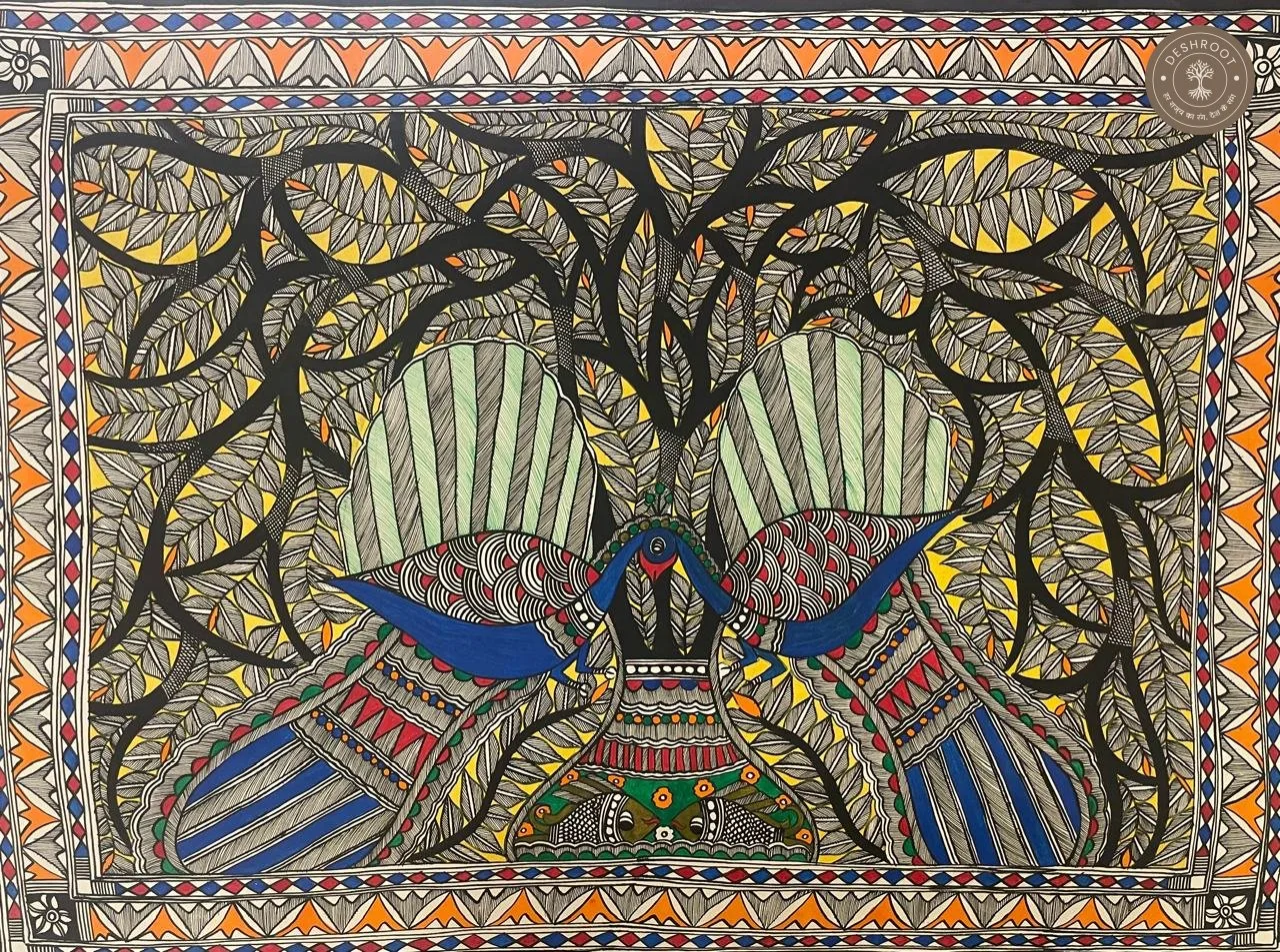Madhubani Mayur Milan Tree of Harmony Painting