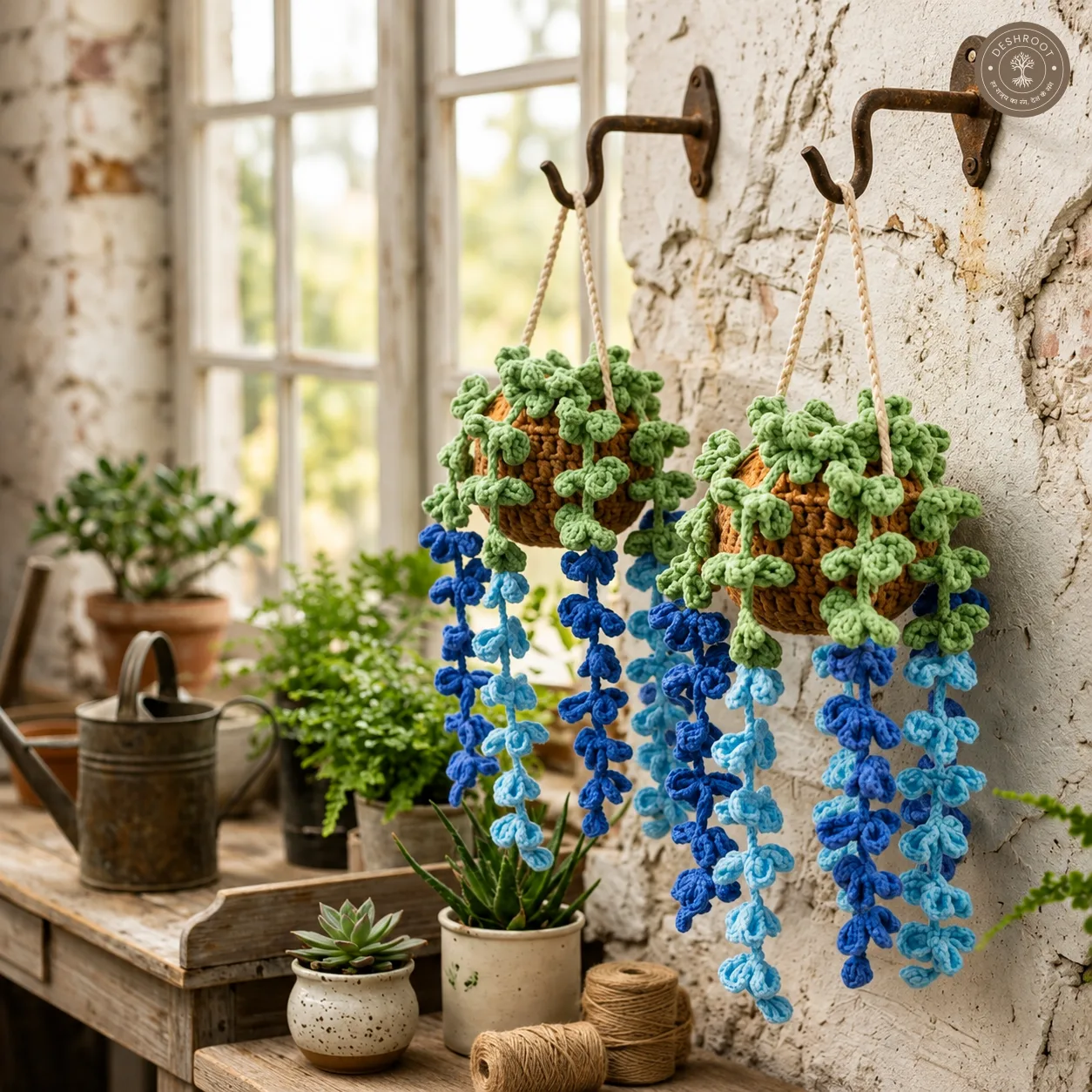 Handmade Crochet Hanging Flower Pot Combo Pack of 2 - Decorative Knitted Hanging Basket with Cascading Blue & Sky Blue Vines