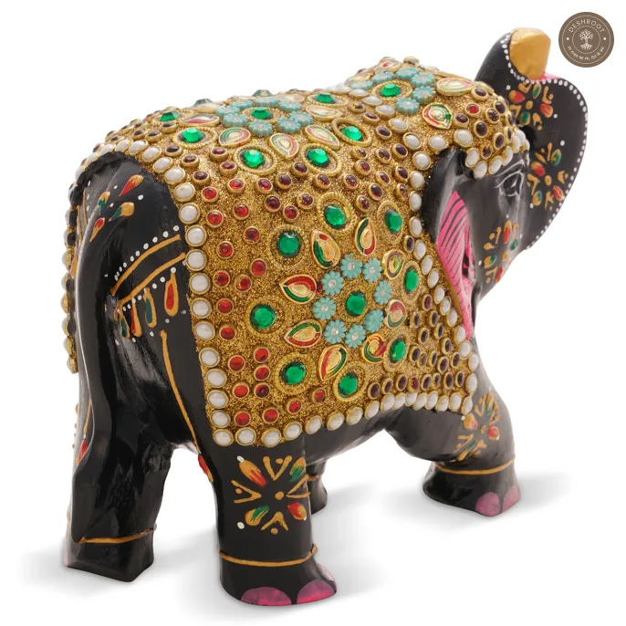 Handcrafted Wooden Elephant Showpiece with Stone Embellishments