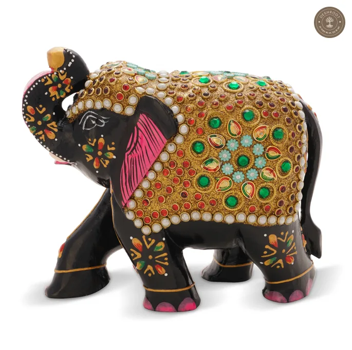 Handcrafted Wooden Elephant Showpiece with Stone Embellishments