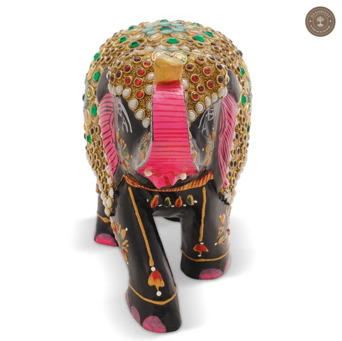 Handcrafted Wooden Elephant Showpiece with Stone Embellishments