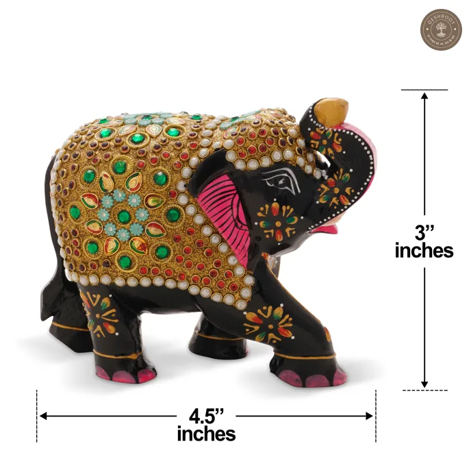 Handcrafted Wooden Elephant Showpiece with Stone Embellishments