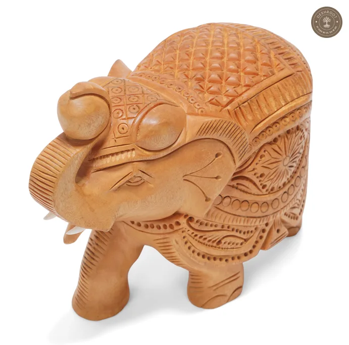 Handcrafted Wooden Elephant Showpiece with Intricate Carving