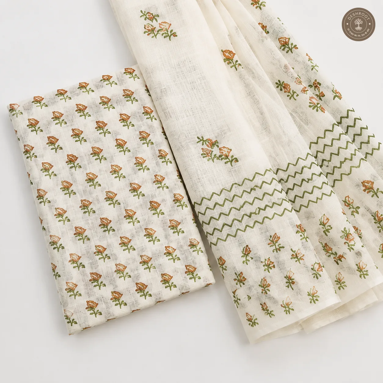 Elegant Ivory Floral Printed 2-Piece Dress Material Set