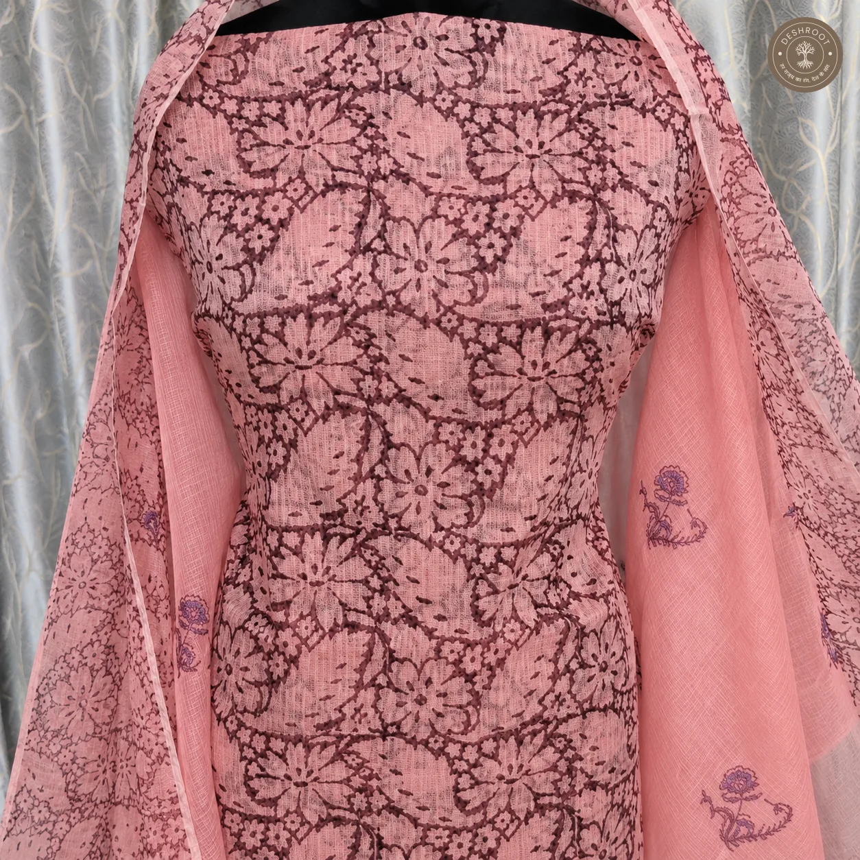 Dusty Pink Floral Print Unstitched Cotton Suit Set with Matching Dupatta (2 Piece set)