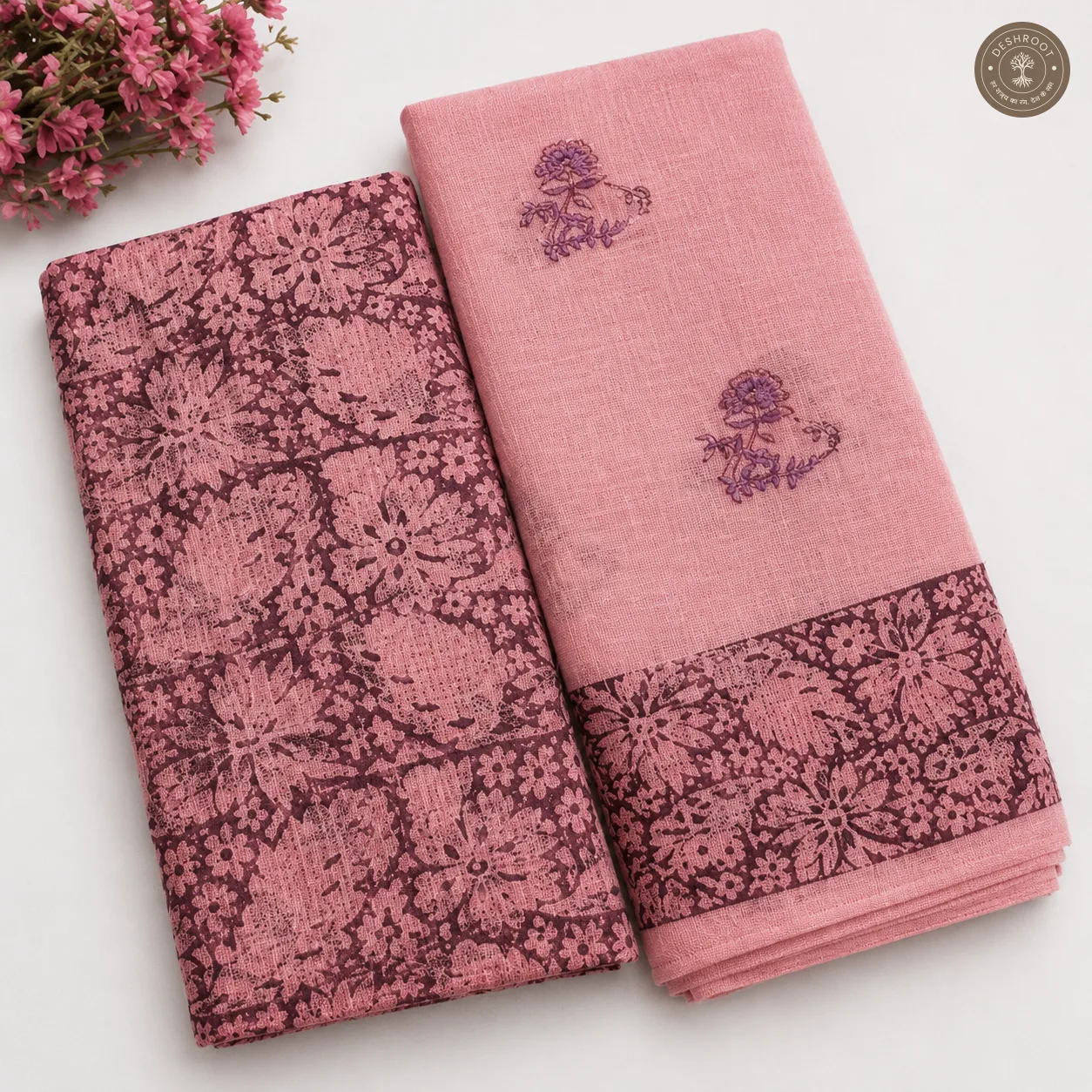 Dusty Pink Floral Print Unstitched Cotton Suit Set with Matching Dupatta (2 Piece set)