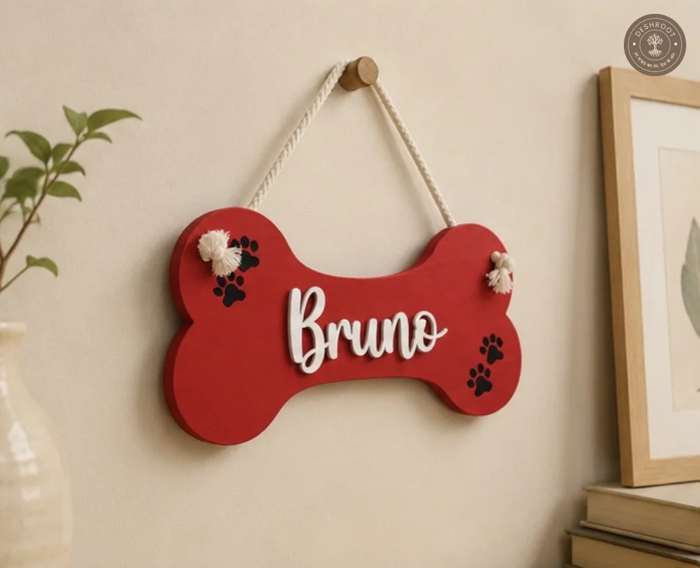 Bone-Shaped Pet Nameplate Wood with Rope Hanger