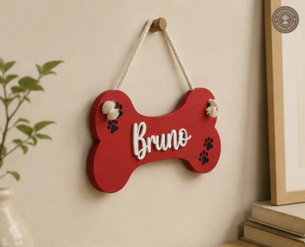 Bone-Shaped Pet Nameplate Wood with Rope Hanger