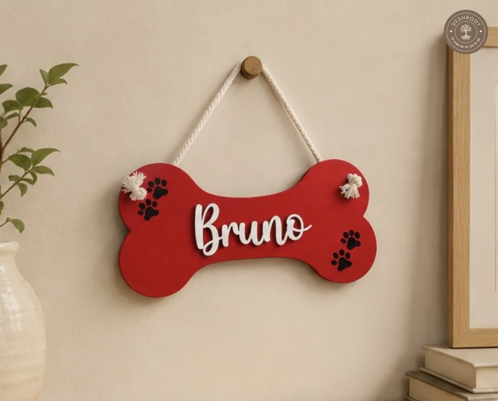Bone-Shaped Pet Nameplate Wood with Rope Hanger