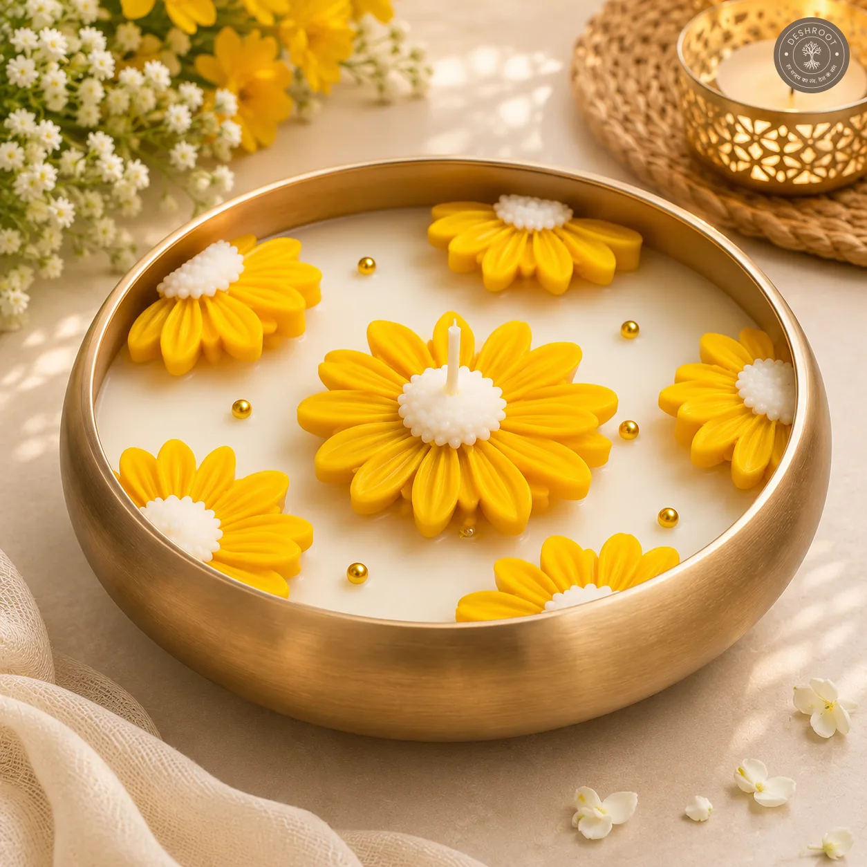 Golden Daisy Bloom Urli Candle