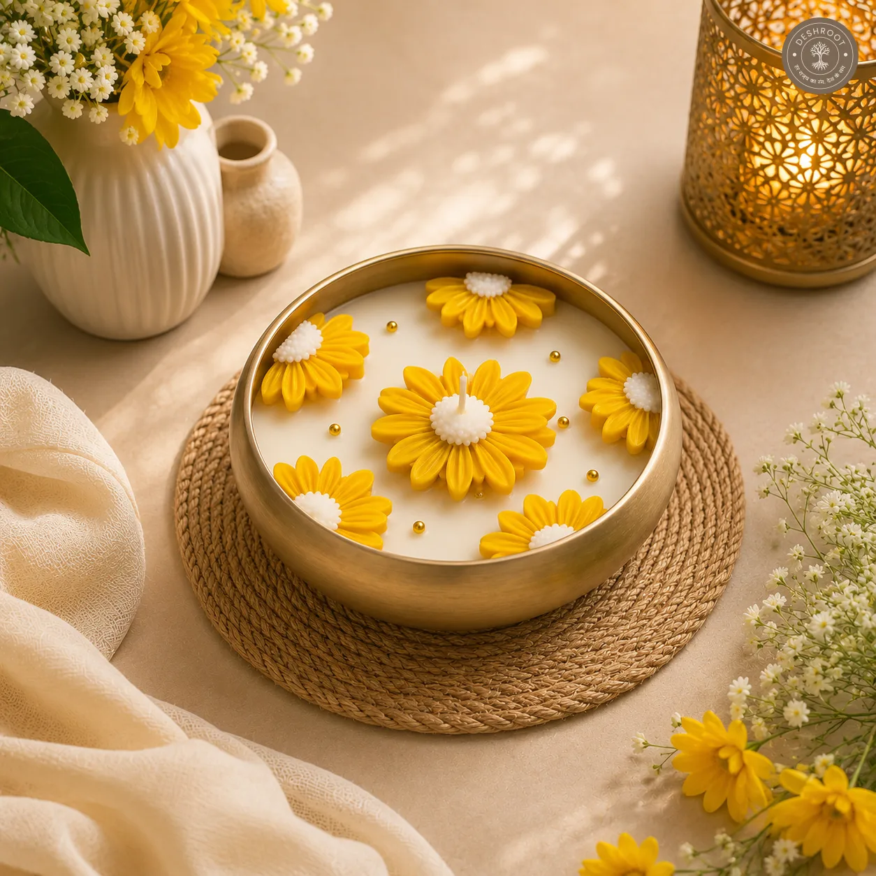 Golden Daisy Bloom Urli Candle