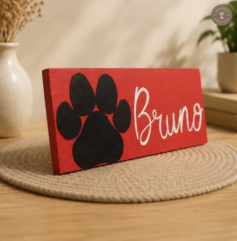 Personalized Pinewood Pet Nameplate with Paw Embellishment