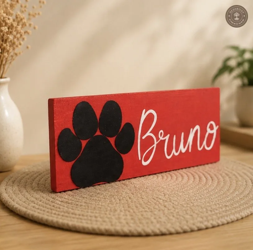 Personalized Pinewood Pet Nameplate with Paw Embellishment