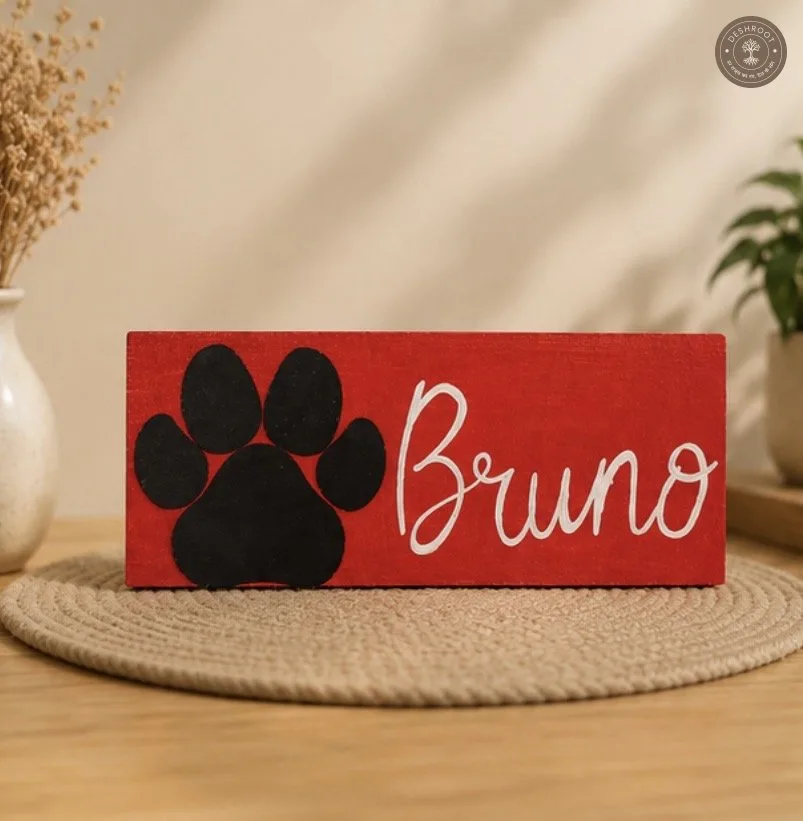 Personalized Pinewood Pet Nameplate with Paw Embellishment