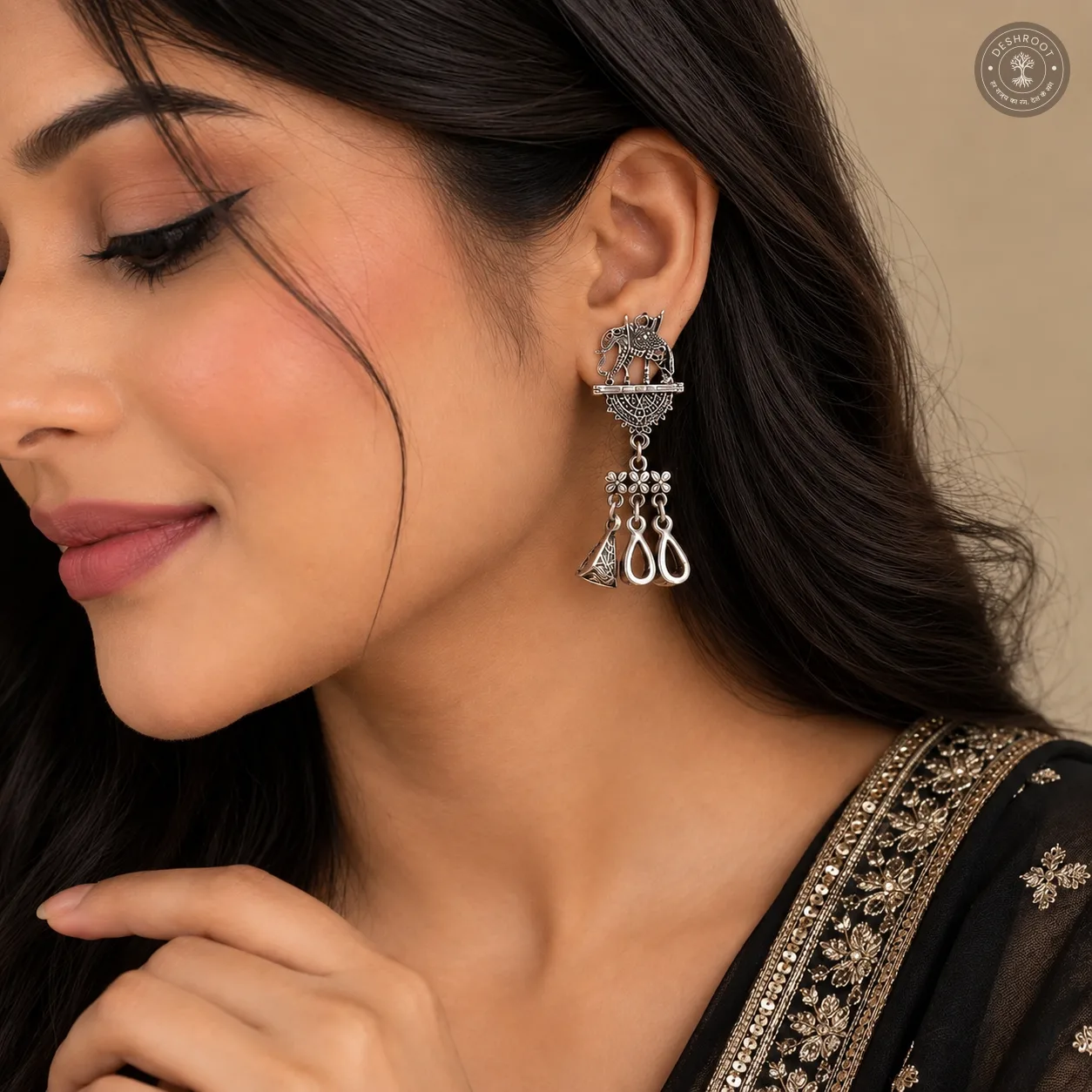 Oxidized Silver Elephant Dangle Earrings