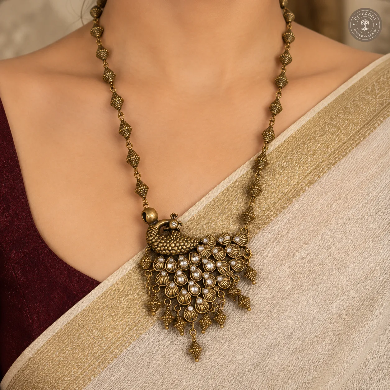 Antique Gold Peacock Kundan Necklace