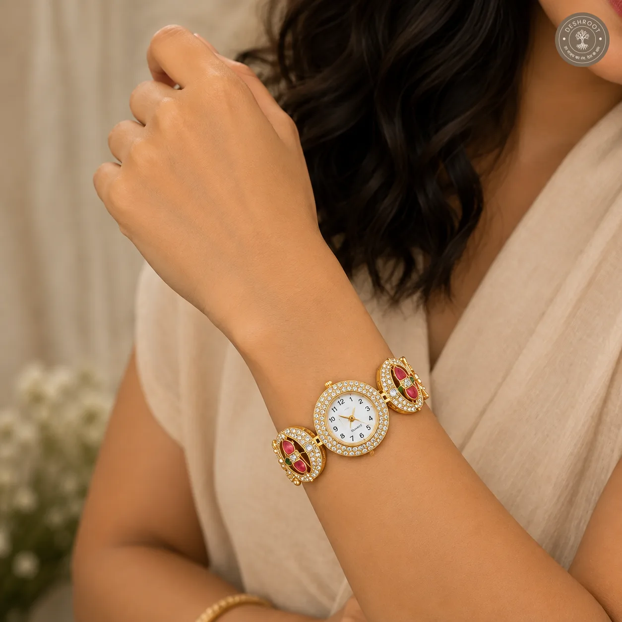 Royal Emerald Floral Kundan Watch