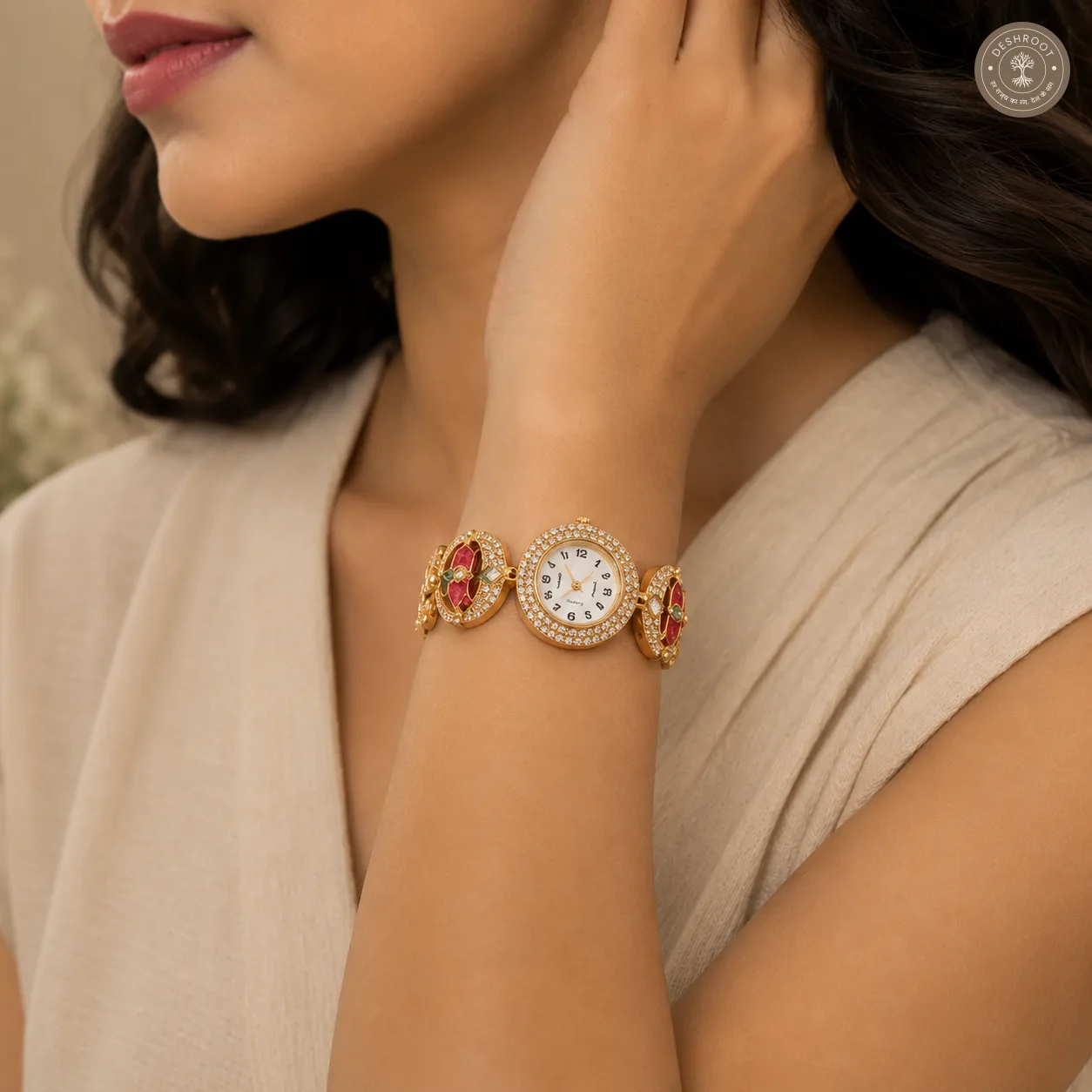 Royal Emerald Floral Kundan Watch