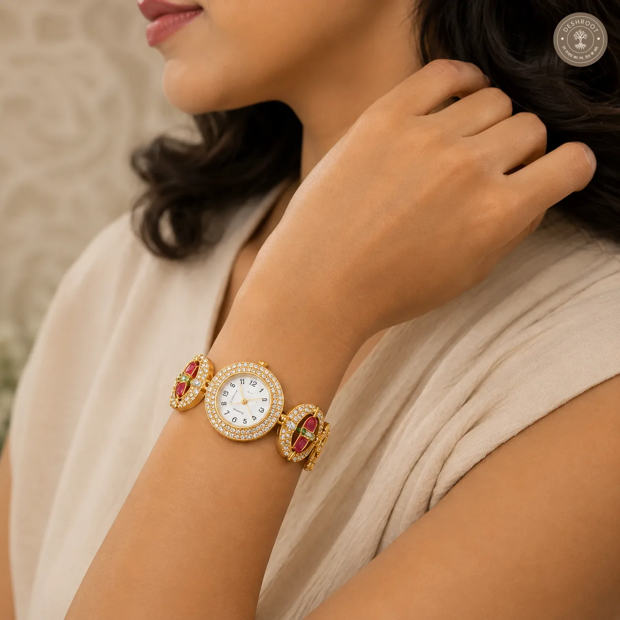 Royal Emerald Floral Kundan Watch