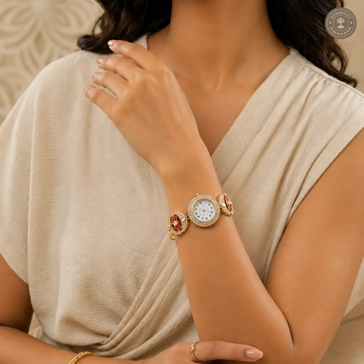 Royal Emerald Floral Kundan Watch