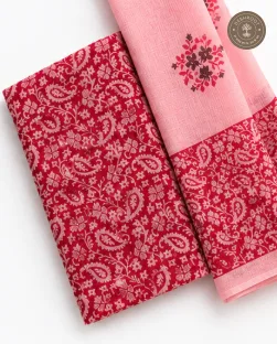 Crimson Red Paisley Printed Unstitched Dress Material with Blush Pink Dupatta – 2 Piece Set