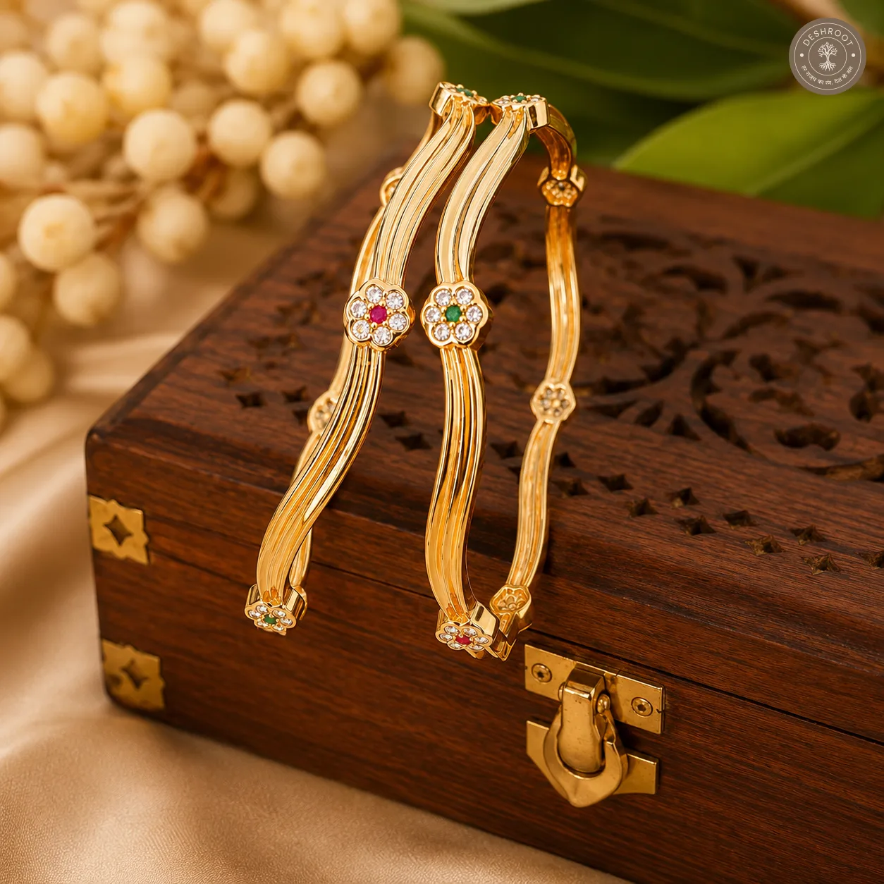 Zahra Dual-Wave Floral AD Gold-Tone Bangle Pair