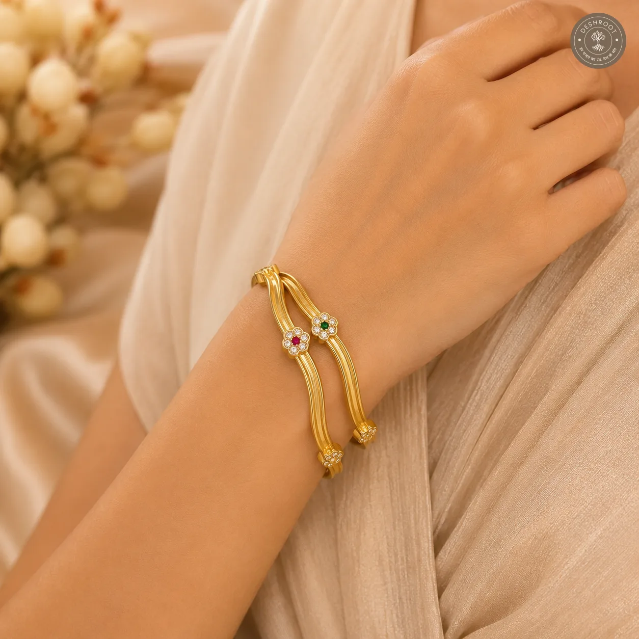 Zahra Dual-Wave Floral AD Gold-Tone Bangle Pair