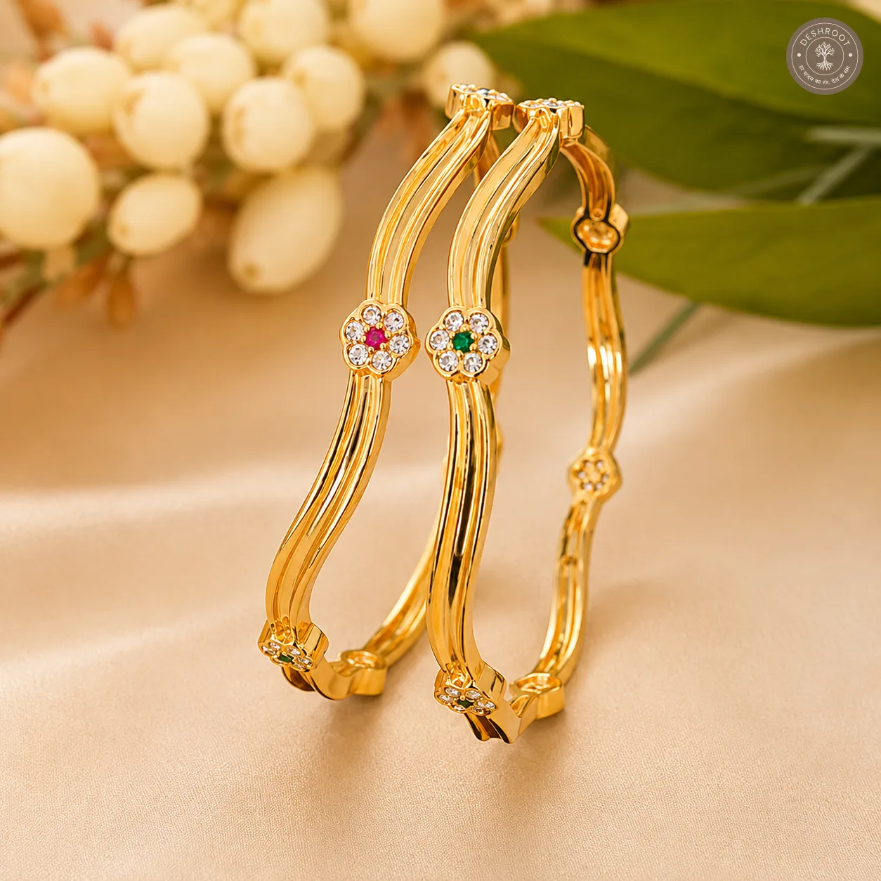 Zahra Dual-Wave Floral AD Gold-Tone Bangle Pair