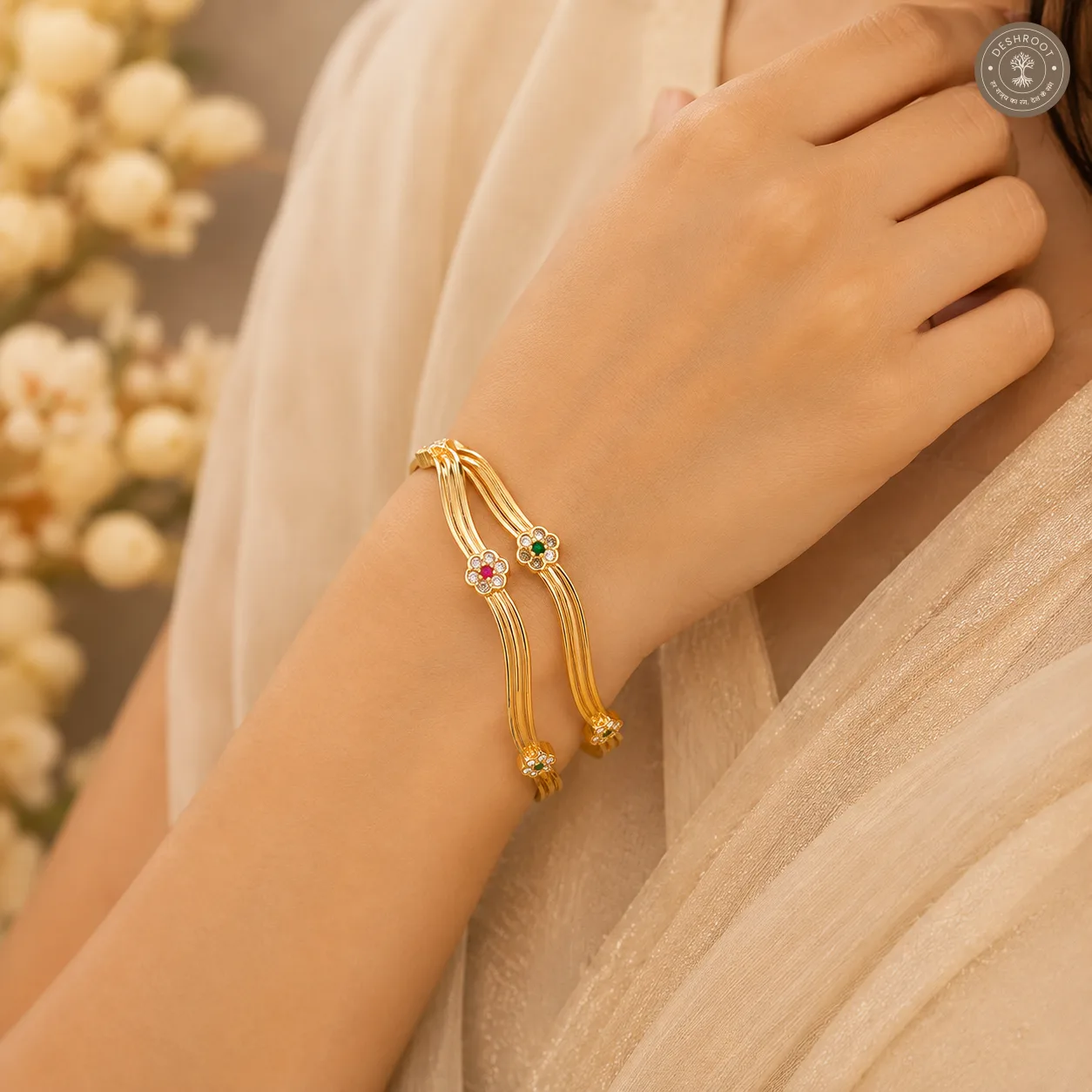 Zahra Dual-Wave Floral AD Gold-Tone Bangle Pair