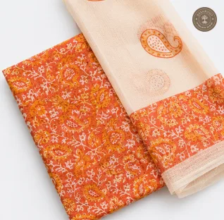 Orange Paisley Printed Unstitched Dress Material with Cream Dupatta – 2 Piece Set