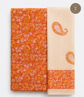 Orange Paisley Printed Unstitched Dress Material with Cream Dupatta – 2 Piece Set