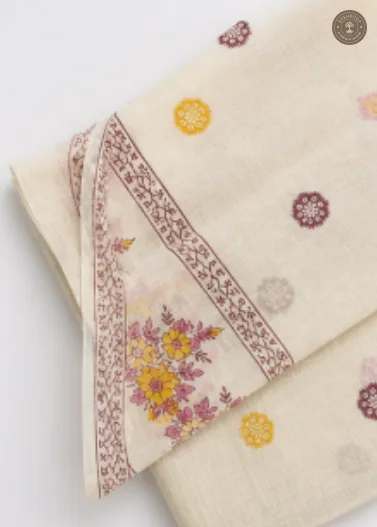 Off-White Floral Printed Unstitched Dress Material with Matching Dupatta – 2 Piece Set