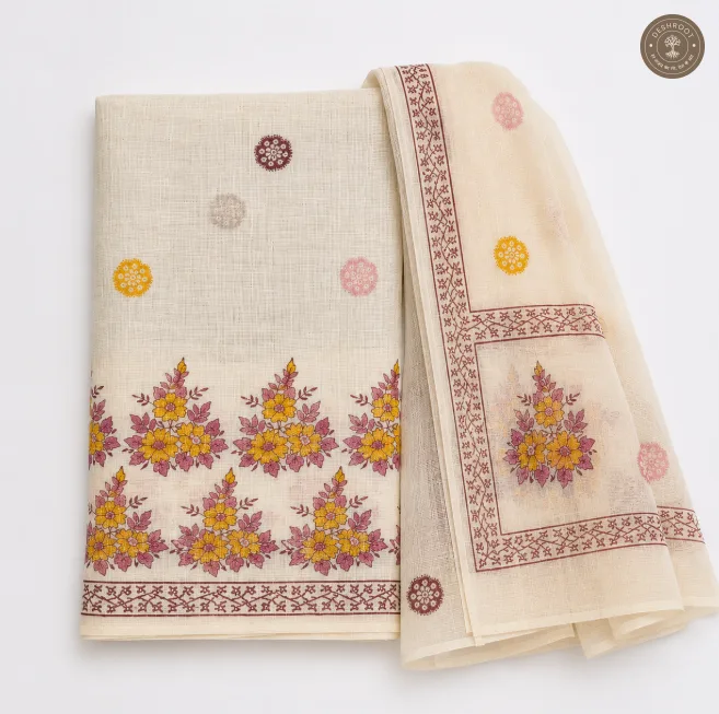 Off-White Floral Printed Unstitched Dress Material with Matching Dupatta – 2 Piece Set